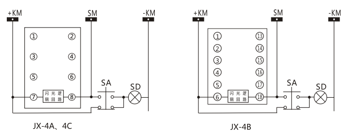 JX-4B閃光繼電器內(nèi)部接線及外引接線圖