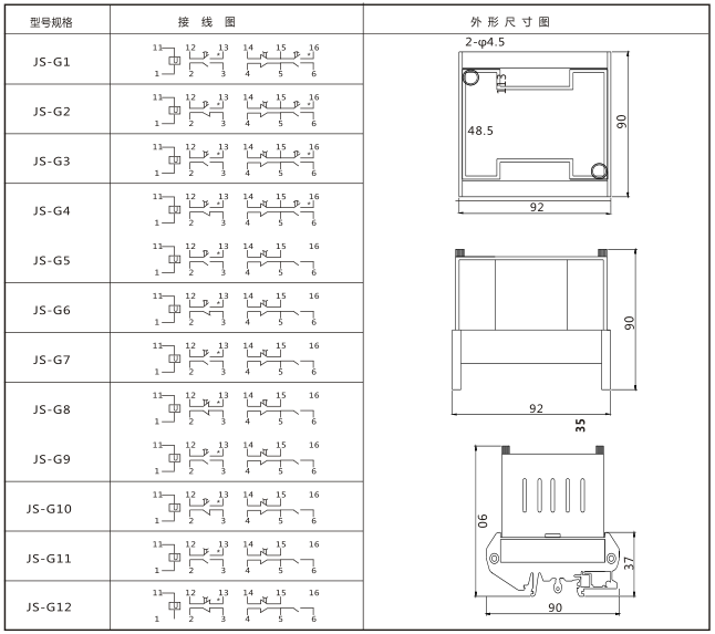 JS-G10端子排靜態(tài)時(shí)間繼電器內(nèi)部端子外引圖及安裝開孔尺寸圖片