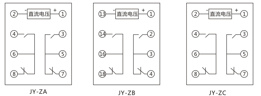 JY-ZC直流高低值電壓繼電器內部接線及外引接線圖