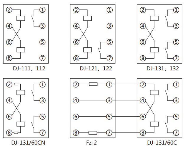 DJ-131/60CN電壓繼電器內(nèi)部接線及外引接線圖（正視圖）