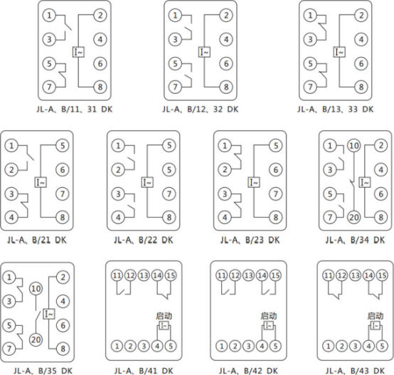 JL-A、B/11 DK無輔源電流繼電器內(nèi)部接線及外引端子圖（正視圖）