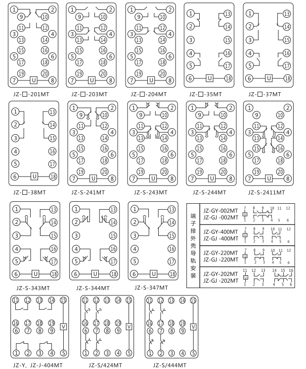 JZ-Y(J)-404MT跳位、合位、電源監(jiān)視中間繼電器內部接線圖