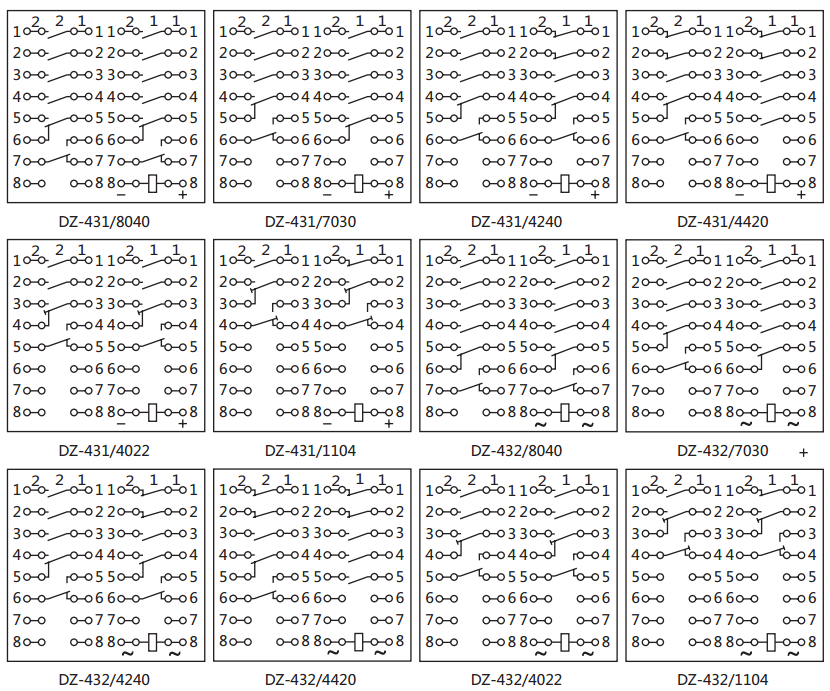 DZ-431/8040中間繼電器內(nèi)部接線圖及外引接線圖（背視）