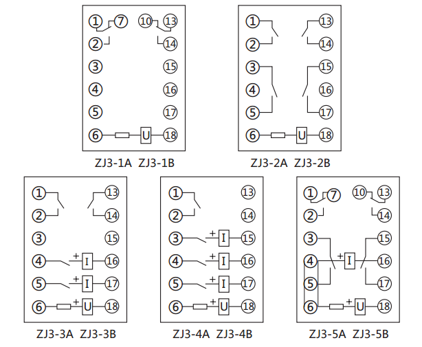 ZJ3-5A快速中間繼電器內(nèi)部接線圖及外引接線圖(正視圖)