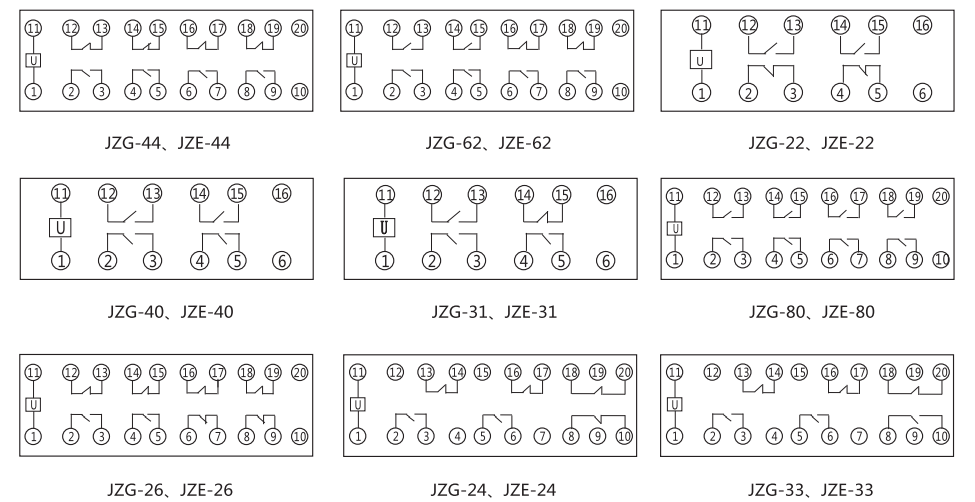 JZG-62卡軌式靜態(tài)中間繼電器內(nèi)部端子外引接線圖