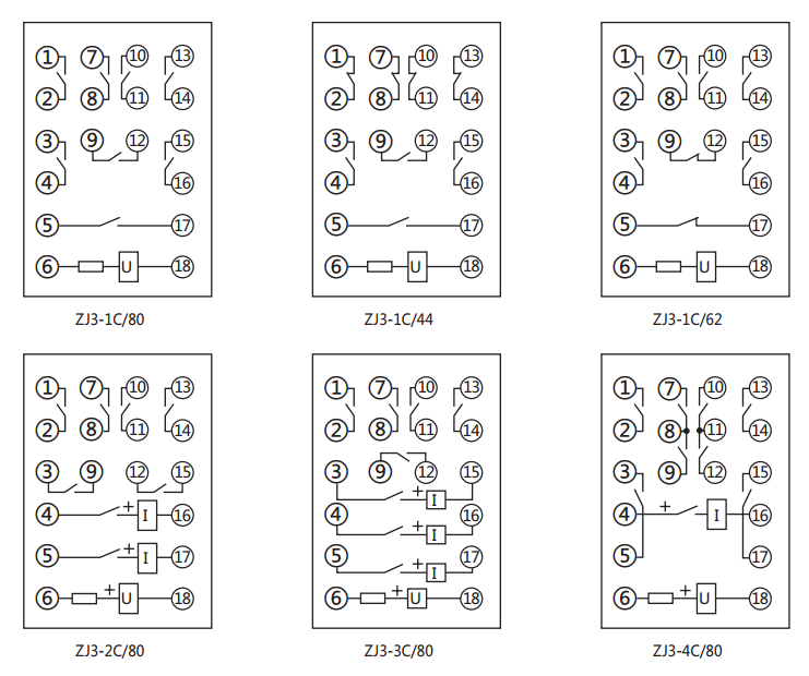 ZJ3-4C/80快速中間繼電器內(nèi)部接線圖及外引接線圖(正視圖)